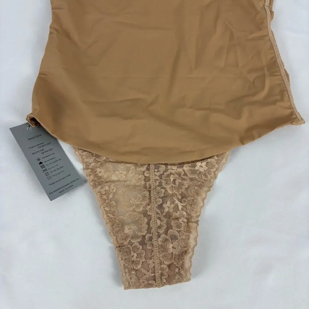 NWT Womens Lace Thong Shapewear Mid to High Waisted Shaper Thong Beige, Small